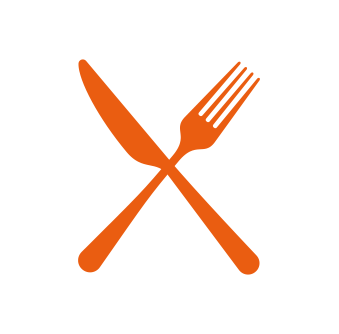 Crossed fork and knife icons in orange inside a white circle with a black background.