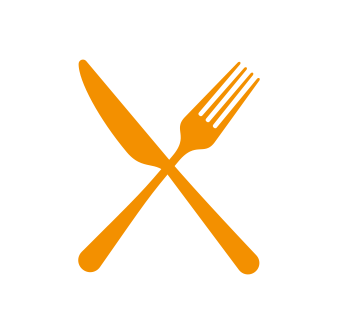 A fork and knife crossed over each other on a white circular background.