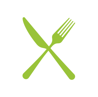Green knife and fork crossed on a white circular background.
