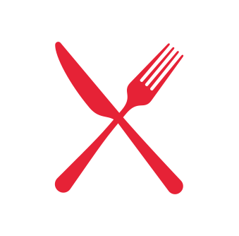 A red fork and knife crossed on a white circular background.