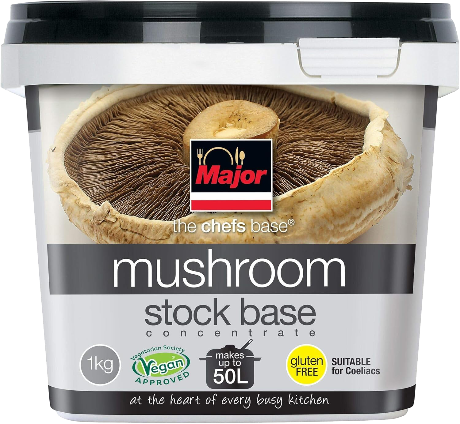 Container of Major brand mushroom stock base concentrate featuring a large mushroom image on the label.