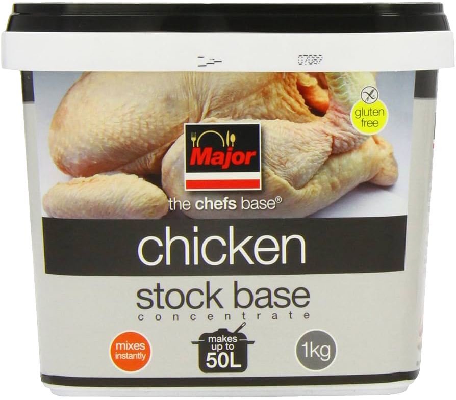 A container of Major brand chicken stock base with a picture of a raw chicken. The label indicates it is gluten free and can make up to 50 liters.