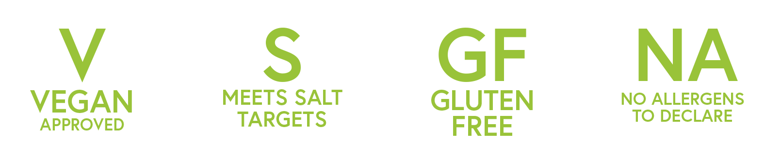 A row of four circular labels with green text on a white background, indicating dietary and allergy information. The labels read: 'V VEGAN APPROVED,' 'S MEETS SALT TARGETS,' 'GF GLUTEN FREE,' and 'NA NO ALLERGENS TO DECLARE.'