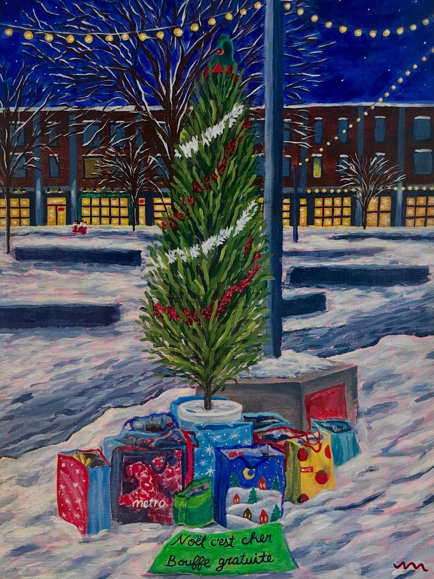 🎄 La faim justifie les moyens 🛍️🥯

Une toile pour comm&eacute;morer l&rsquo;action des Robins des ruelles qui ont vol&eacute; 3000 $ de denr&eacute;es alimentaires au M&eacute;tro sur Laurier, peu de temps avant No&euml;l. Une cible parmi tant d&r