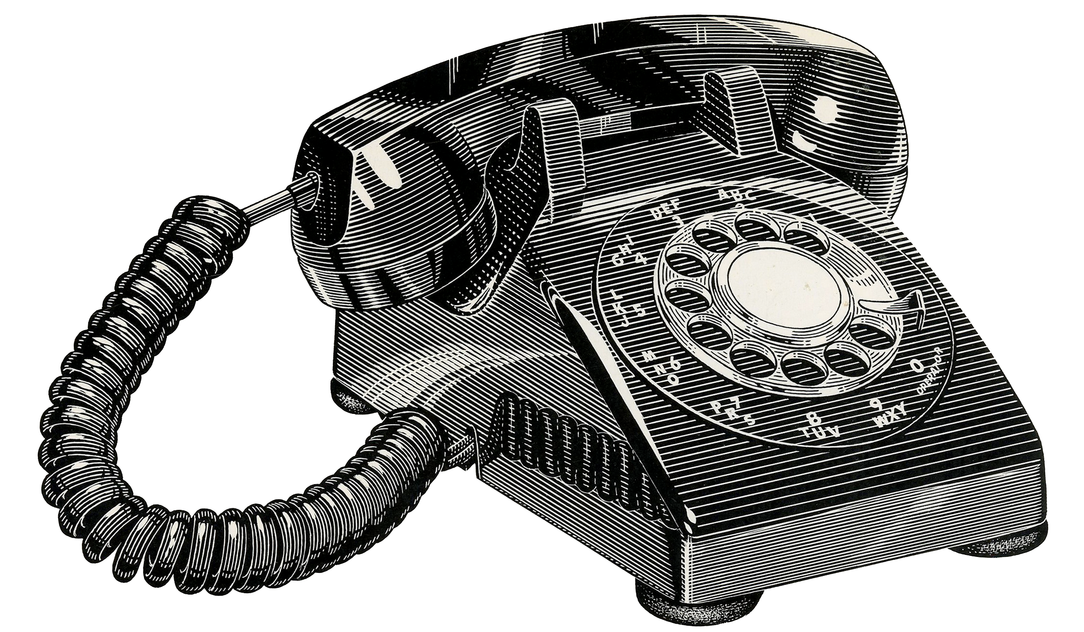Black and white illustration of a vintage rotary dial telephone with a coiled cord.