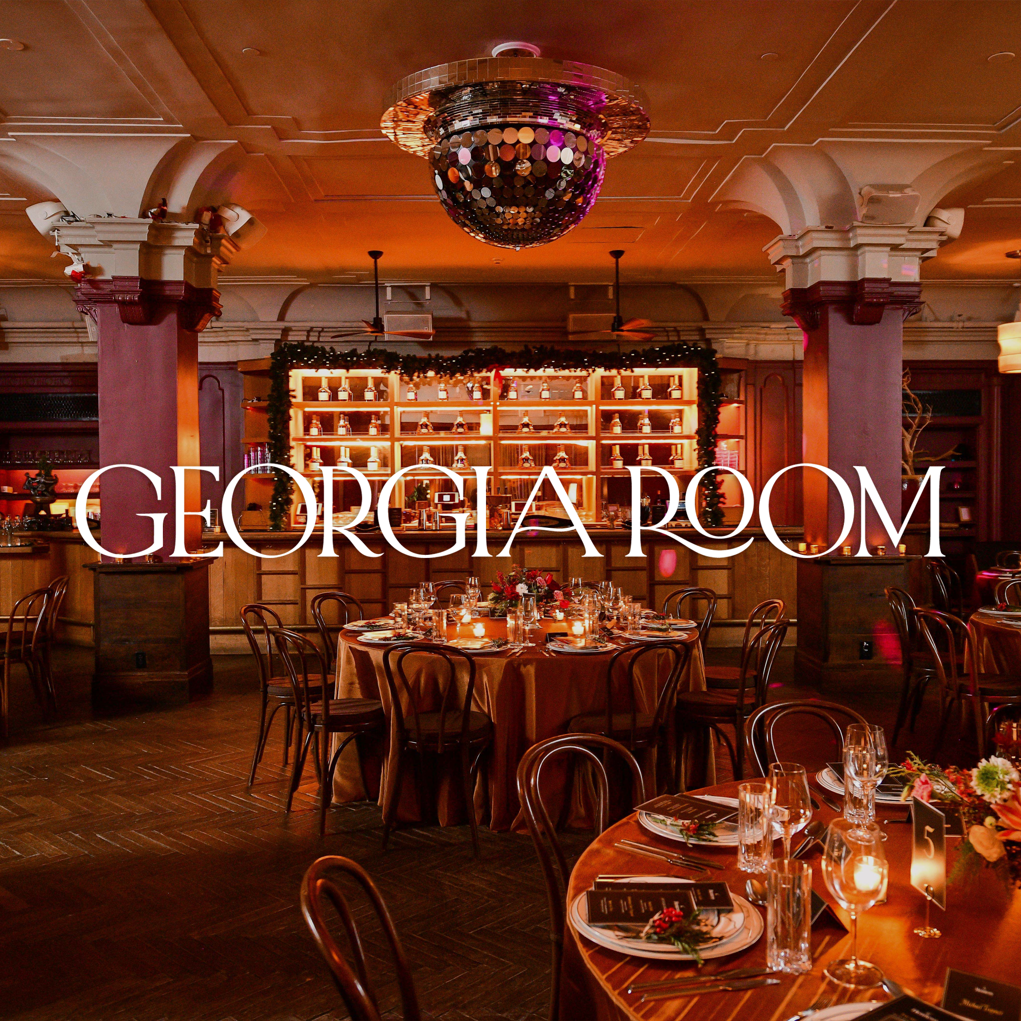 Interior of the Georgia Room, featuring a disco ball, illuminated backbar setup and event-style seating for private dining