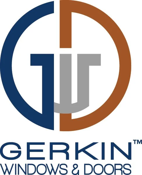 Gerkil Windows & Doors logo with a stylized circular emblem in blue and brown, and the company name below.