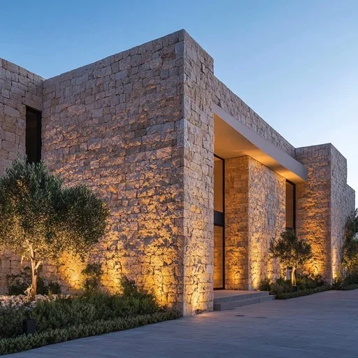 Modern stone building with illuminated exterior lighting and trees in the yard at dusk.