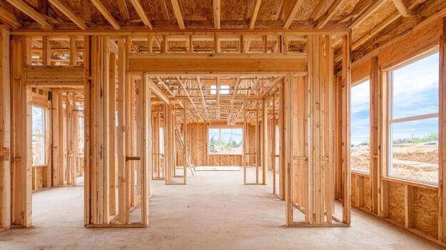 Interior of a house under construction with exposed wooden framing and large windows.