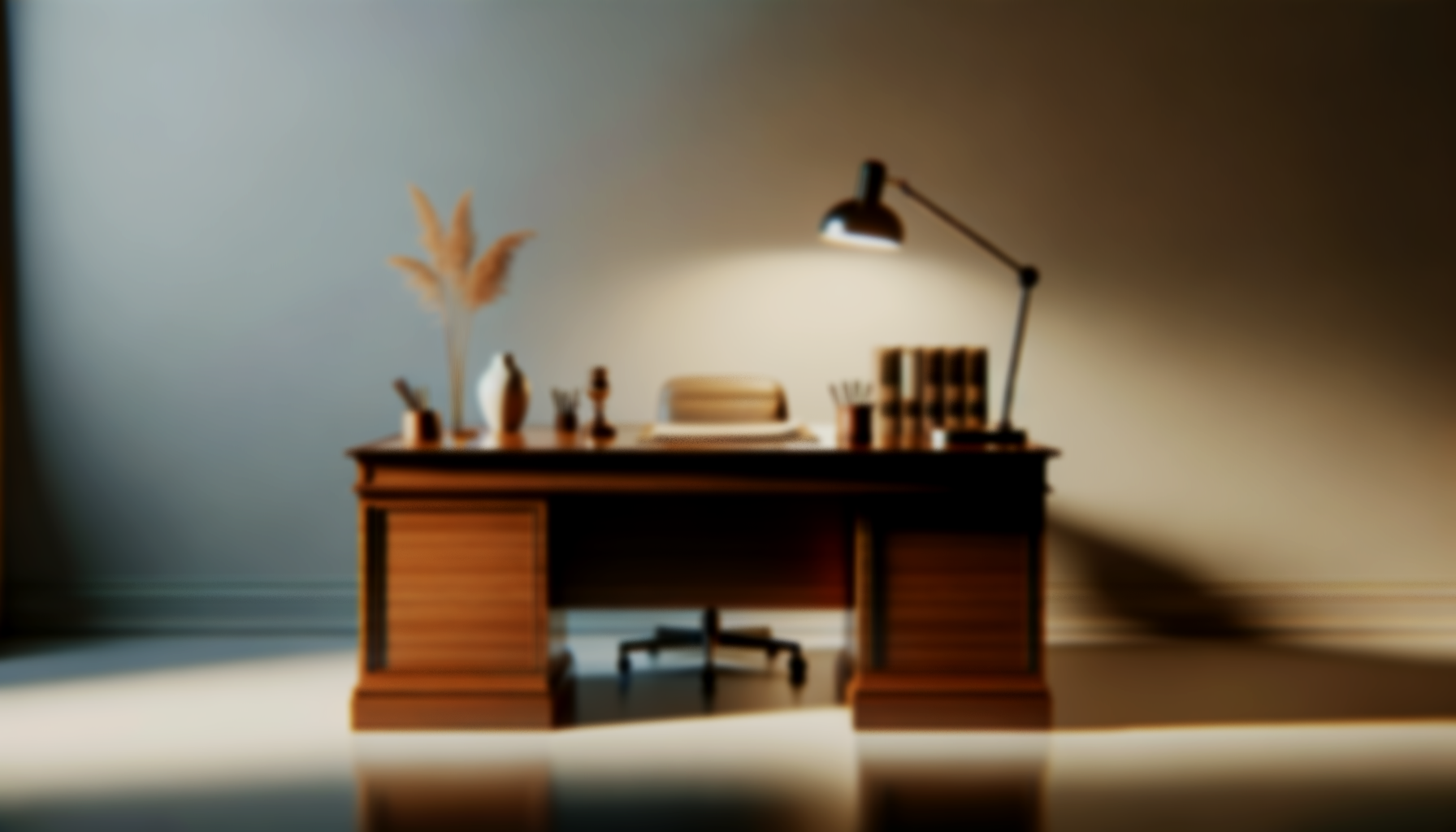 Escritorio de madera con objetos decorativos, lámpara y libros, en un ambiente de oficina con luz suave.