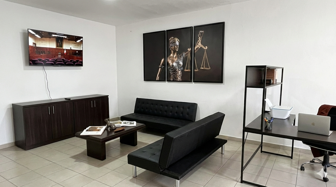 Sala de oficina moderna con muebles oscuros, dos sillones negros, una mesa de centro con libros y decoraciones, un gabinete, un escritorio con computadora portátil y estantería blanca con objetos, y una pantalla en la pared mostrando una sala de audiencias.