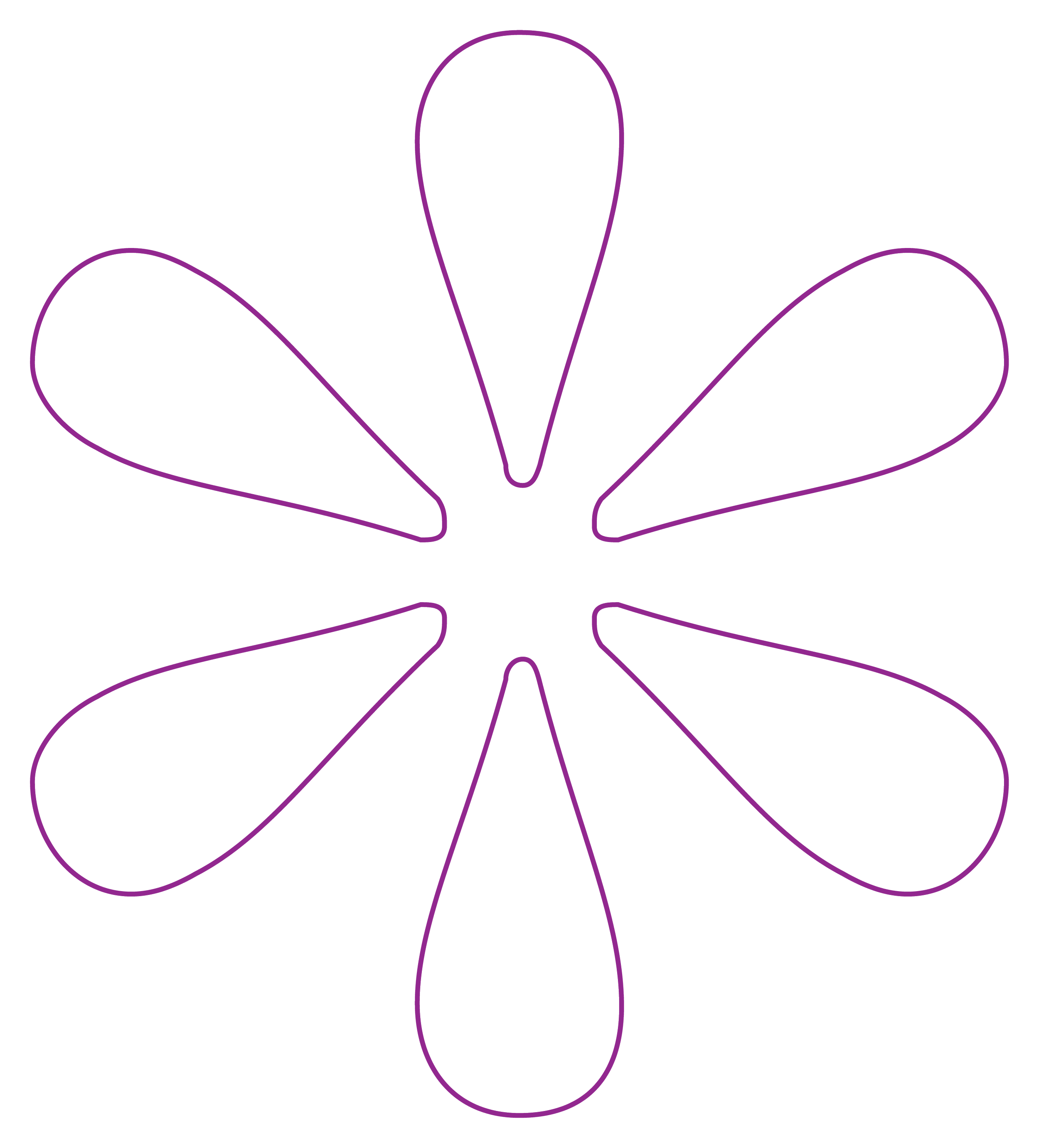 Outline of a stylized flower with six purple petal shapes.