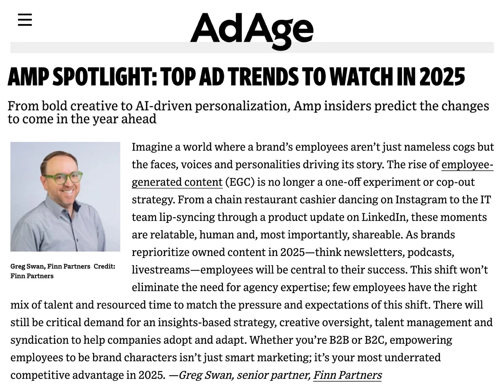 Screenshot of an article from AdAge titled "AMP Spotlight: Top Ad Trends to Watch in 2025" with a photo of a smiling man wearing glasses and a light gray shirt, identified as Greg Swan from Finn Partners.