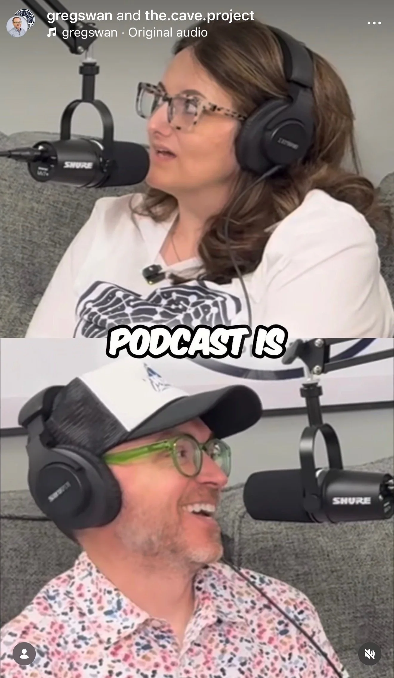 A woman and a man sit in front of microphones with headphones, participating in a podcast recording. The woman has long brown hair, glasses, and is wearing a white top. The man has short hair, glasses, a baseball cap, and is wearing a colorful, patterned shirt. The text overlay reads 'PODCAST IS'.