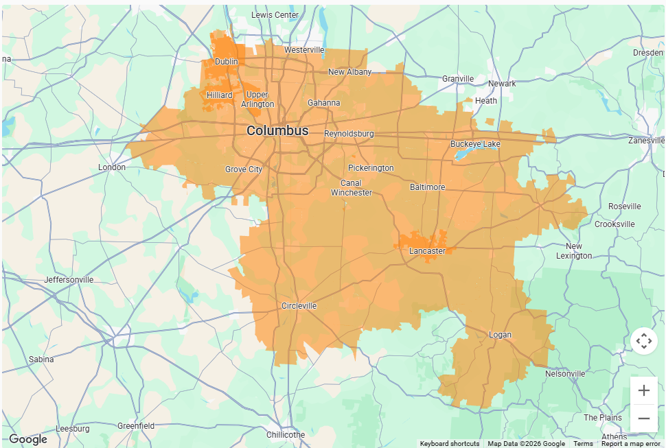 Map showing the city of Columbus, Ohio, area highlighted in orange, with surrounding towns and neighborhoods labeled.