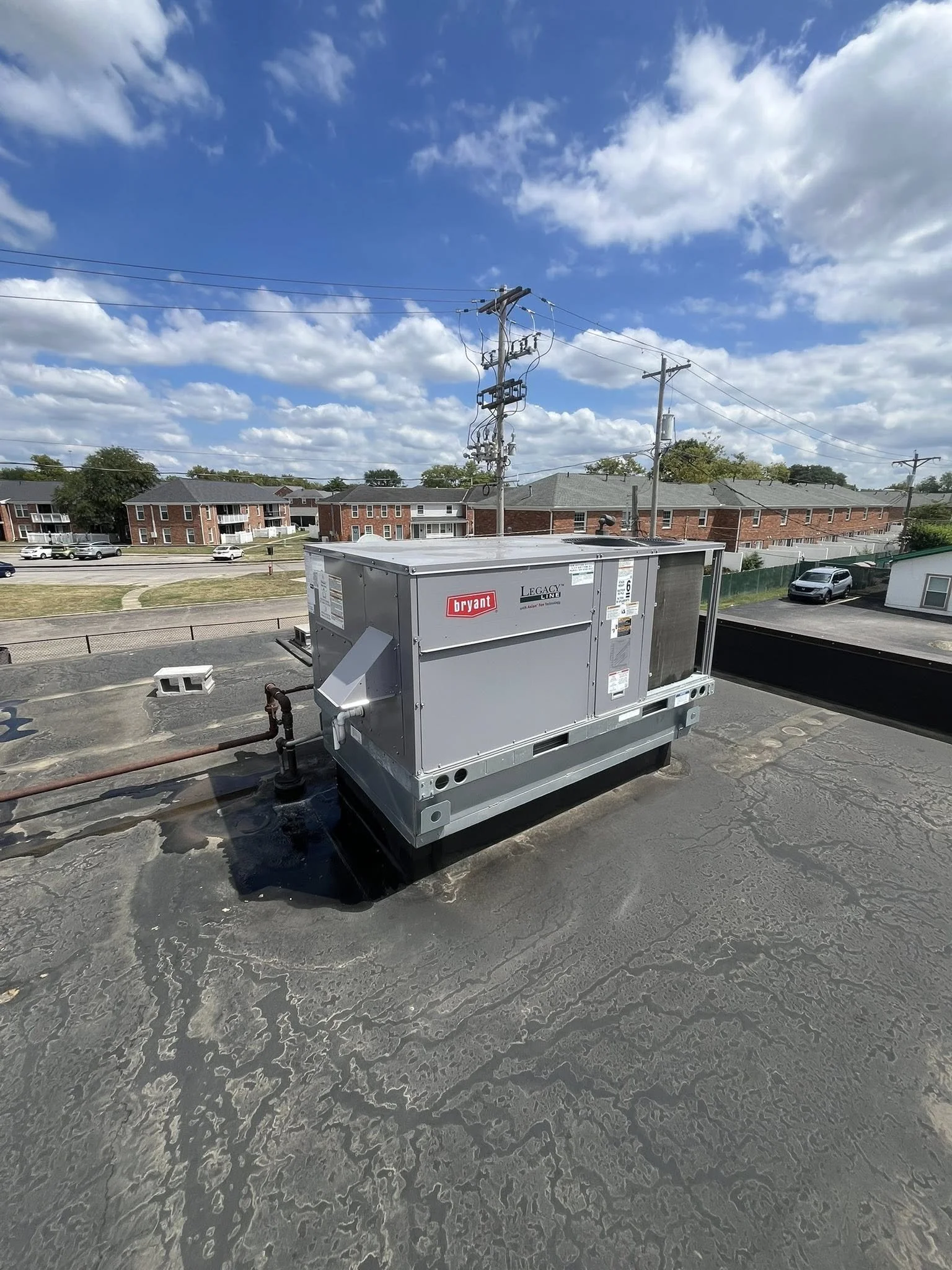 Commercial HVAC unit on a rooftop with blue sky and scattered clouds in the background.