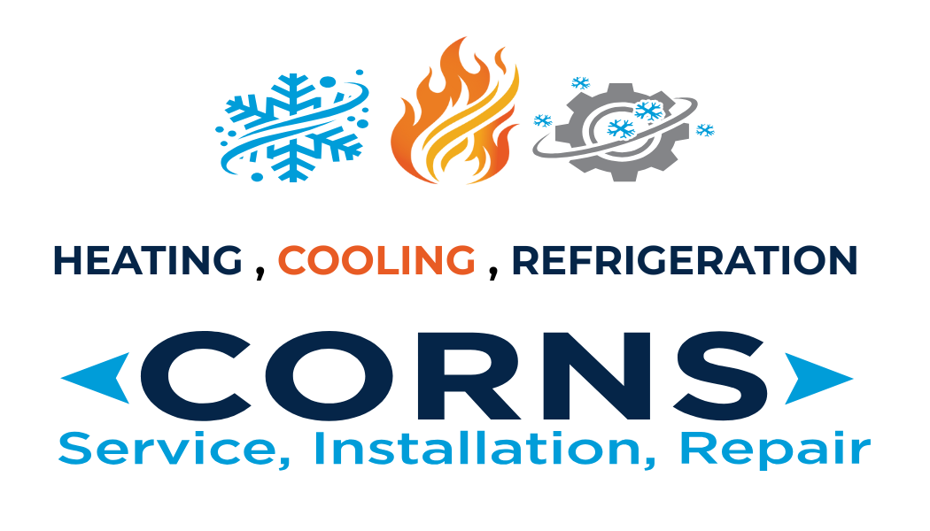 A graphic showcasing icons of a snowflake, fire, and gear with snowflakes, indicating heating, cooling, and refrigeration services, along with the company name and services for service, installation, and repair.