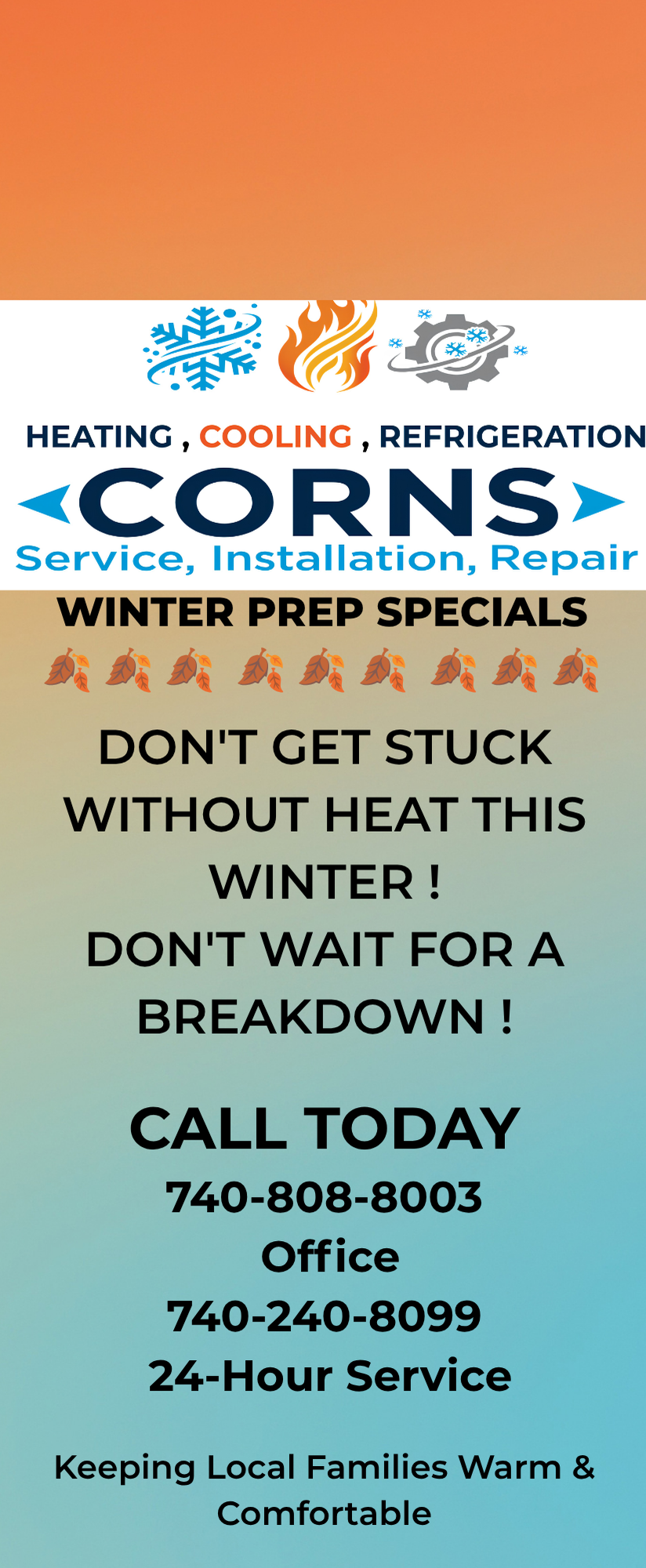 A colorful advertisement for Corns HVAC services, highlighting heating, cooling, and refrigeration services with winter preps specials and contact information.