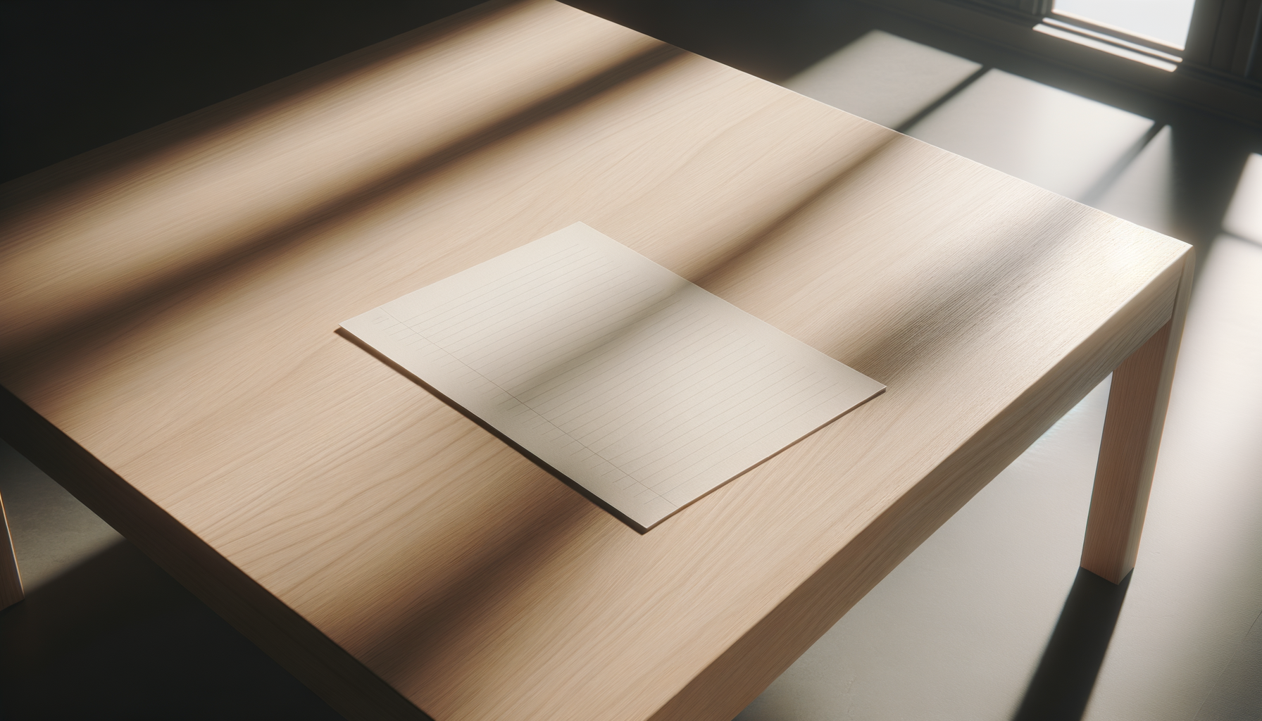 A blank sheet of lined paper on a light wooden table near a window, with sunlight casting shadows.