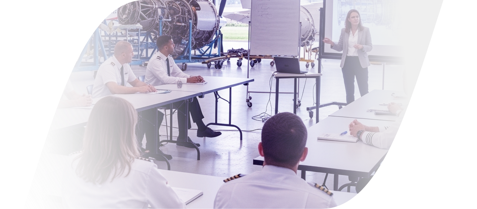 Pilot training in aircraft hangar