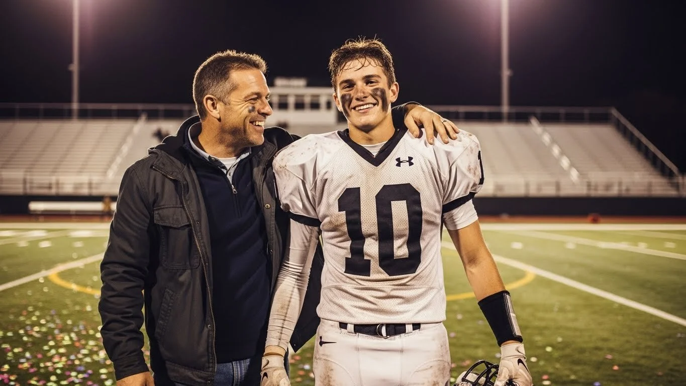 A football player in a white jersey with number 10 smiling and walking with a coach or teammate on a football field at night.