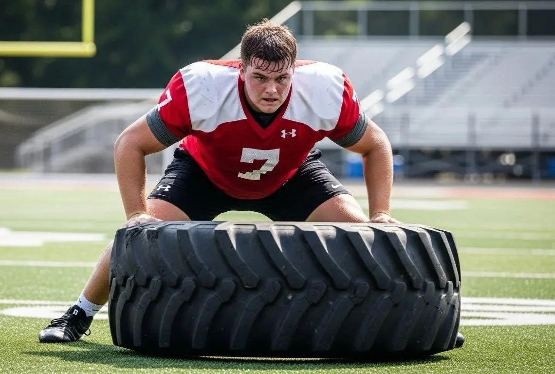 A young male football player wearing a red jersey with the number 3, black shorts, and black cleats is pushing a large tire on a football field.