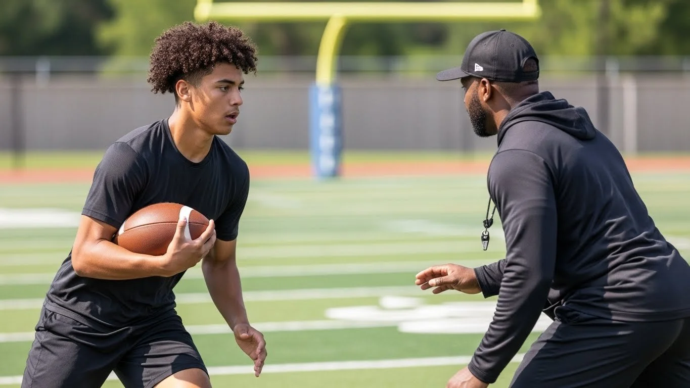 A young man holding a football practicing a play with a coach on a football field.