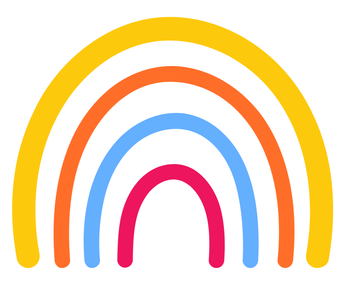 Pixelated rainbow with red, blue, orange, yellow, and green arches on a black background.