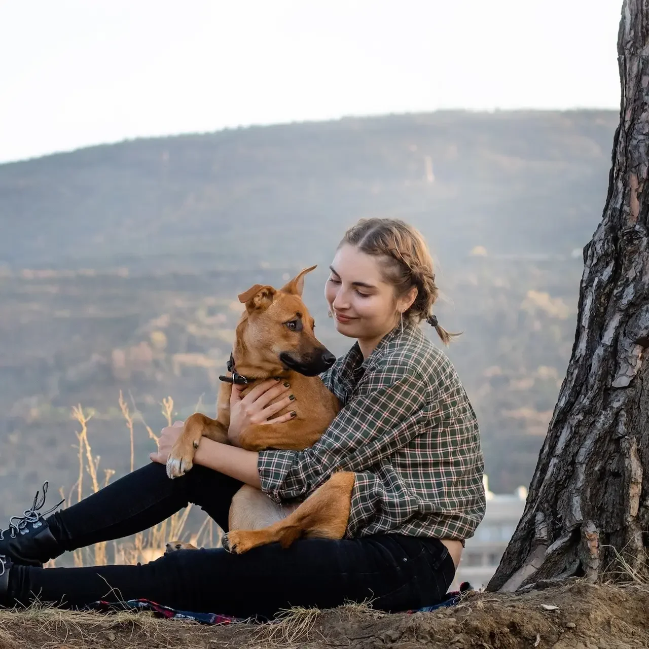 A young woman sitting under a tree hugging a brown dog with a mountain landscape in the background.