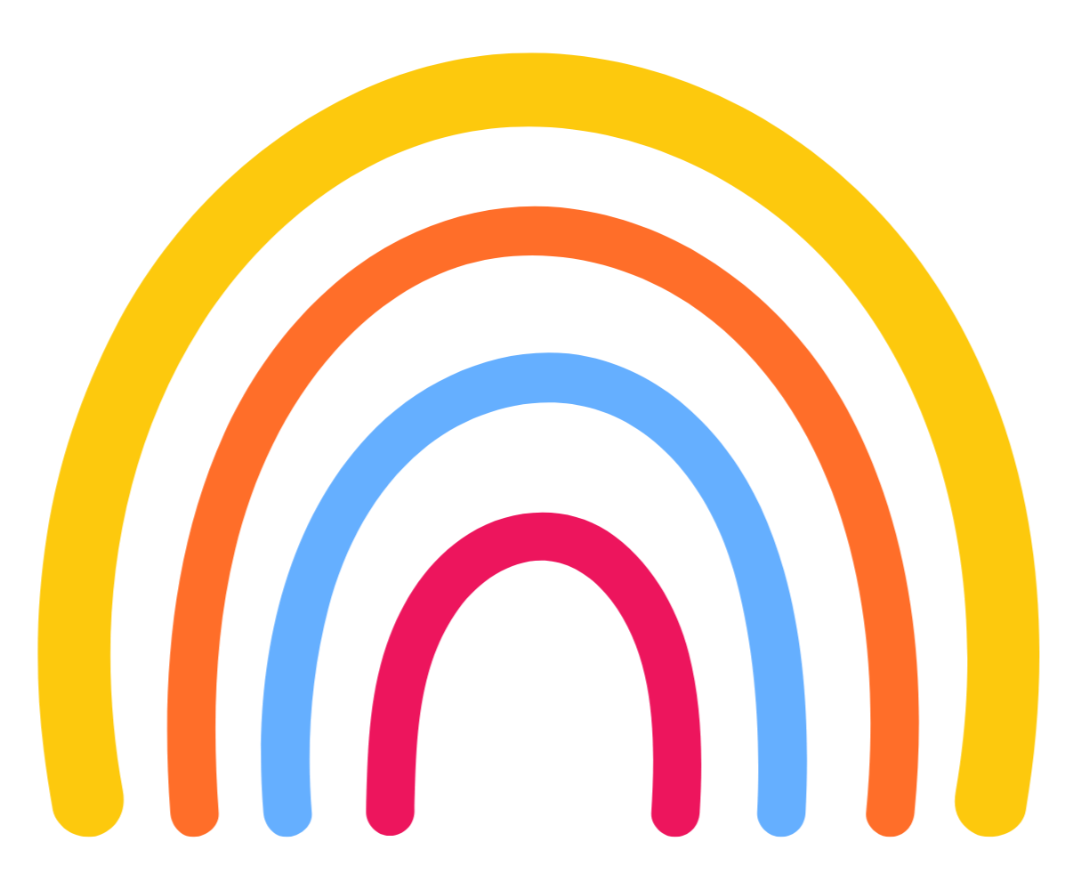 Colorful, distorted rainbow icon with multiple arcs in yellow, orange, blue, pink, and green on a black background.