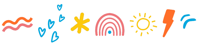 Colorful abstract doodles including wavy lines, hearts, a star, rainbow, sun, lightning bolt, and a curved line on a black background.