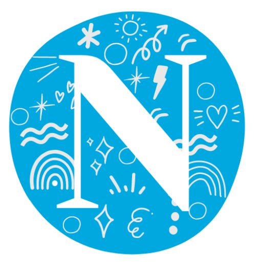 Logo featuring a large white letter 'N' on a blue circular background, decorated with doodles of stars, hearts, rainbows, waves, and abstract shapes.