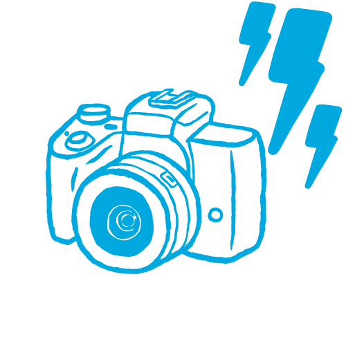 Line drawing of a camera with two lightning bolt icons nearby, all within a white circle against a black background.