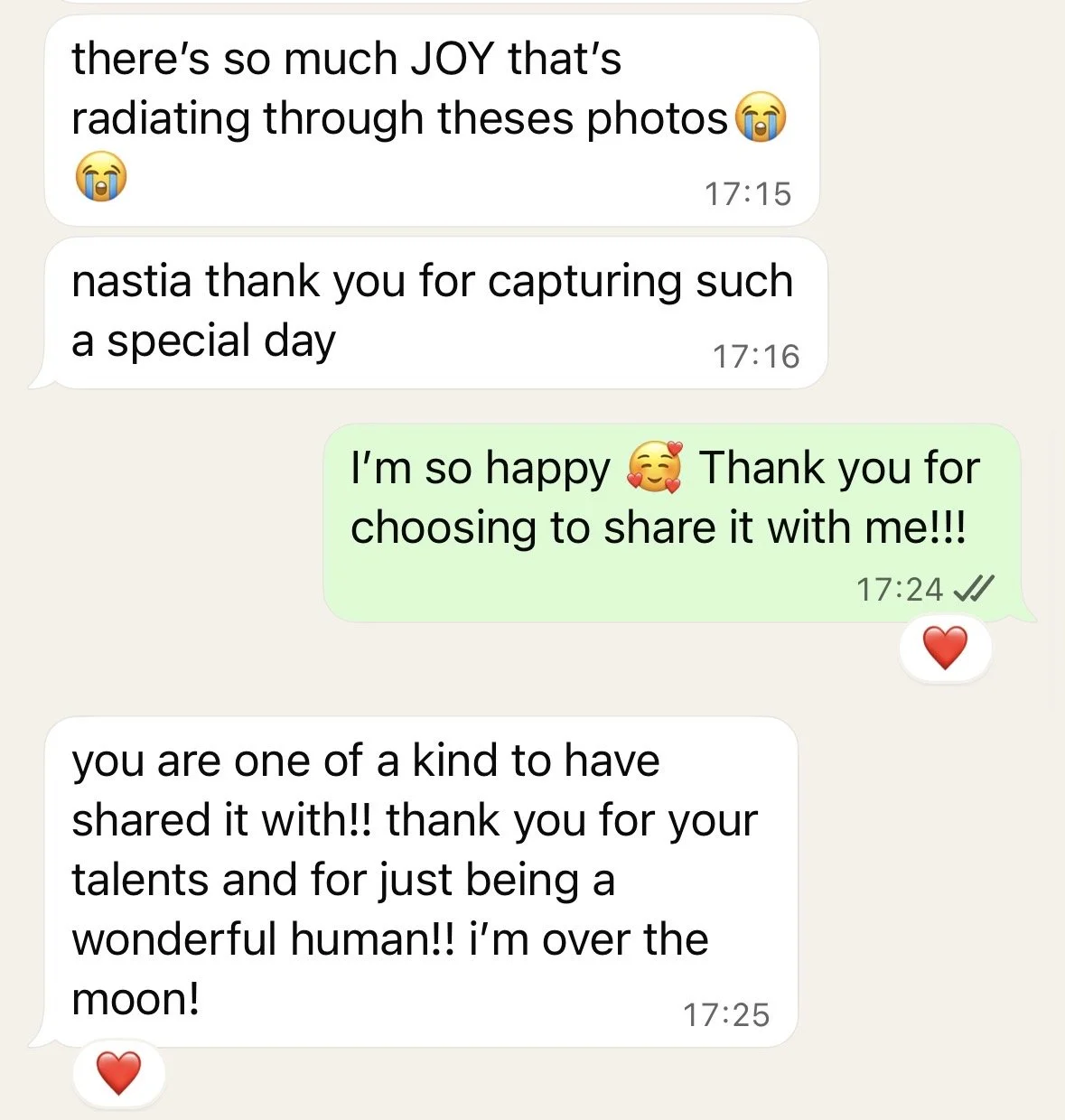 Whatsapp exchange with clients review of their proposal photography experience with Nastia Photography, text below