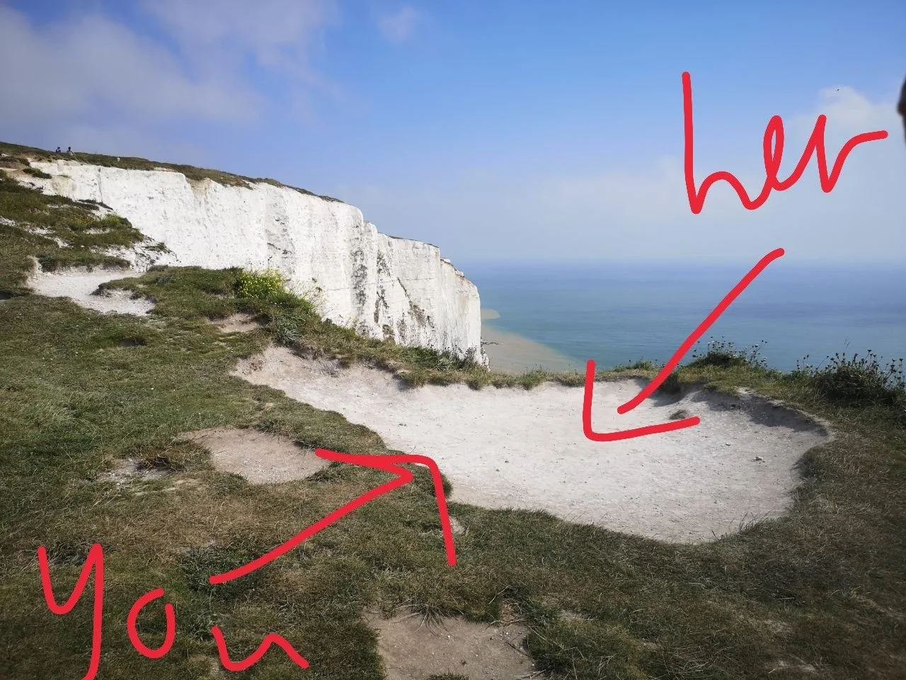 A phone photo of the White Cliffs of Dover with red writing and arrows indicating "you" and "her" to mark the spots where the secret proposal will be taking space.