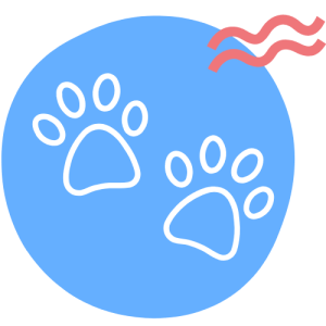 Two white paw prints on a blue circular background with pink wavy lines in the top right corner.