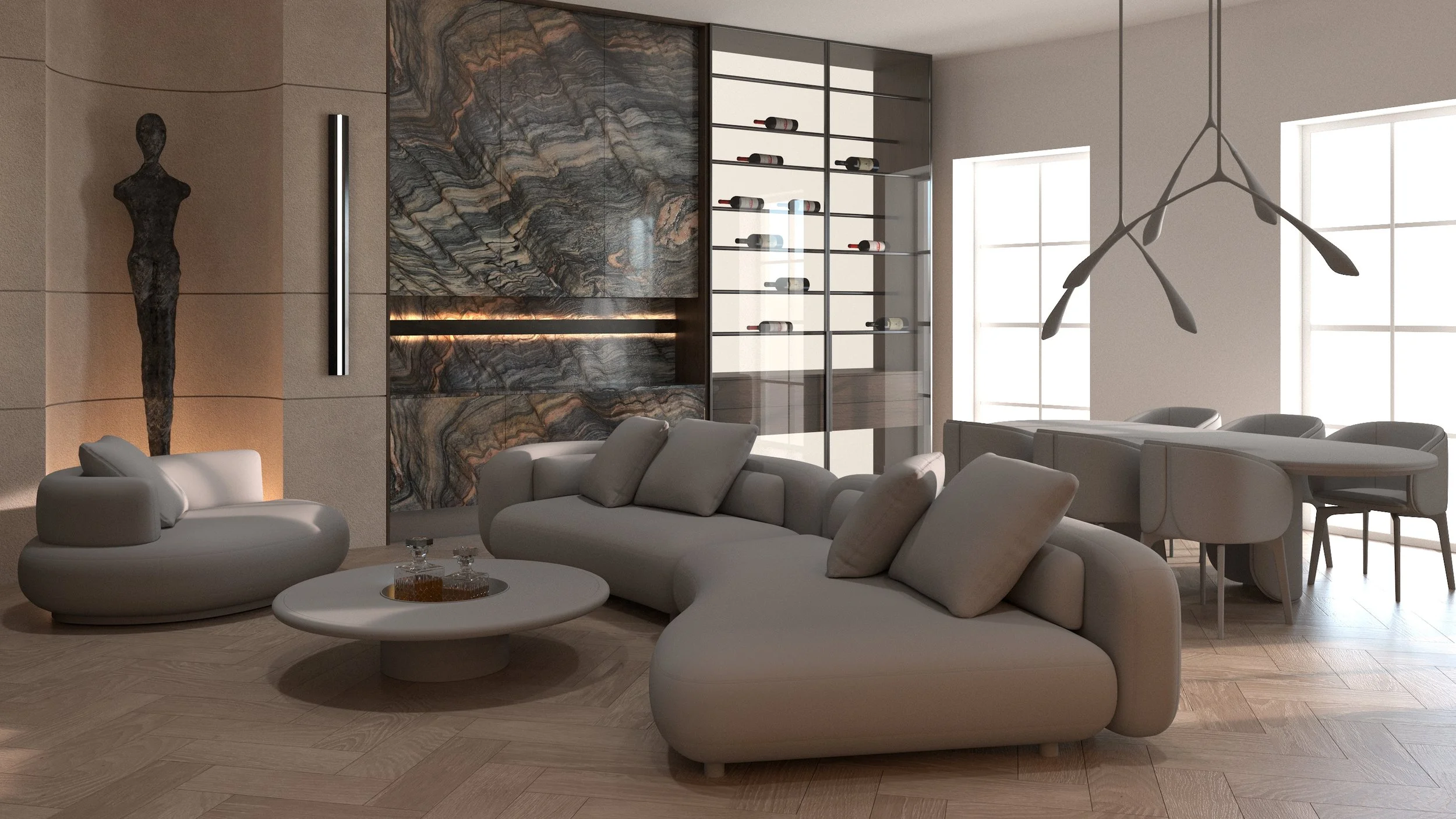 Modern living room with abstract sculptures, sleek furniture, a wine rack behind glass, and large windows letting in natural light.