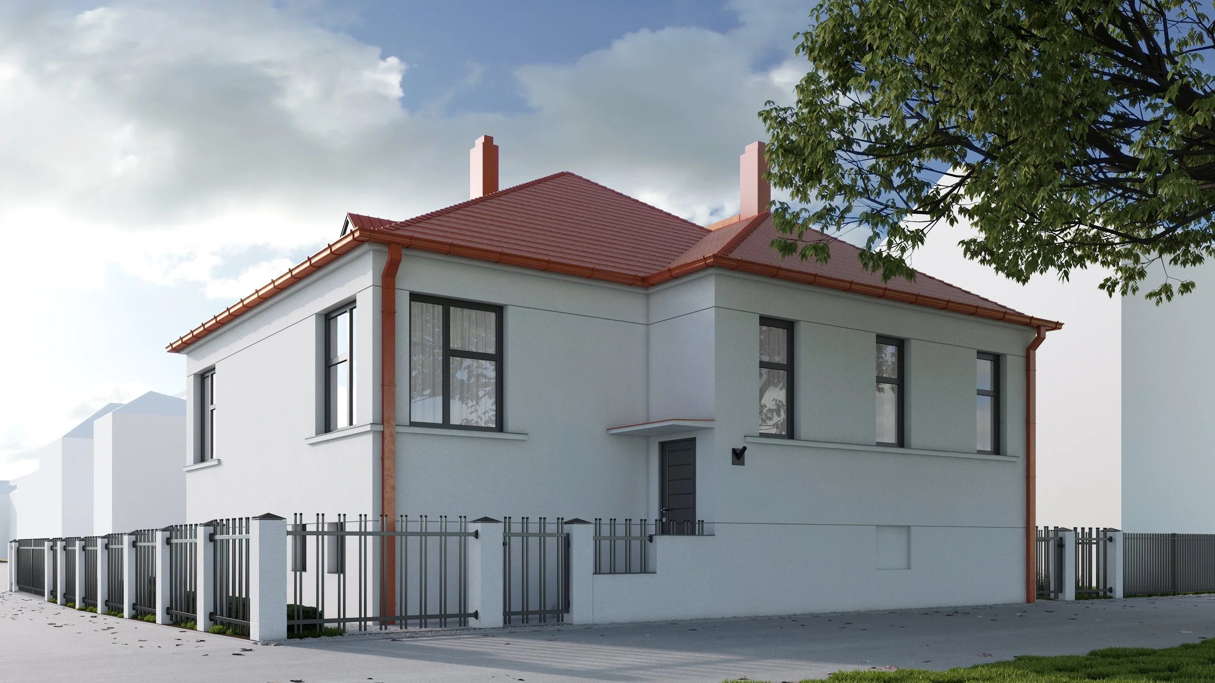 A modern two-story white house with a red tile roof, black window frames, and a dark gray front door. The house is enclosed by a black metal fence, and there is a tree with green leaves partially visible on the right side.