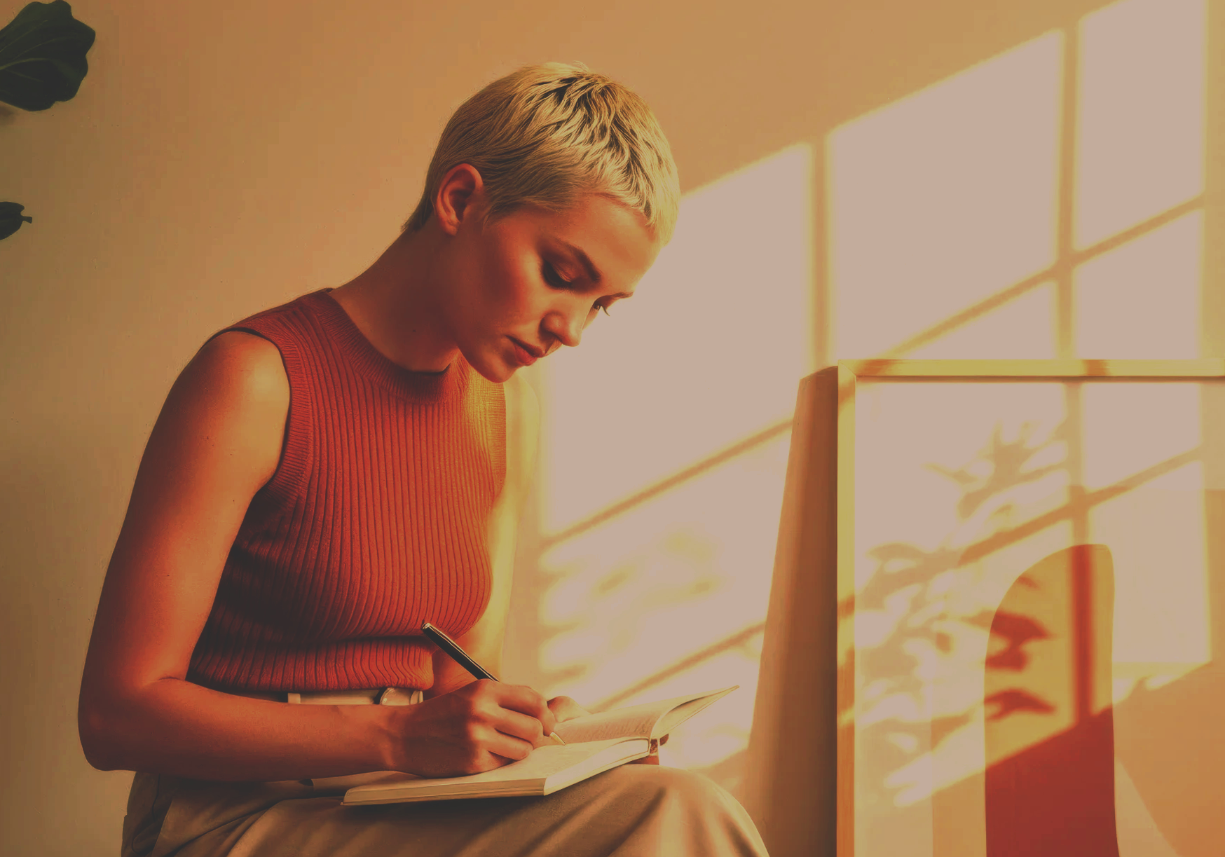 A woman with short blonde hair sitting and writing in a notebook with sunlight casting shadows through a window.