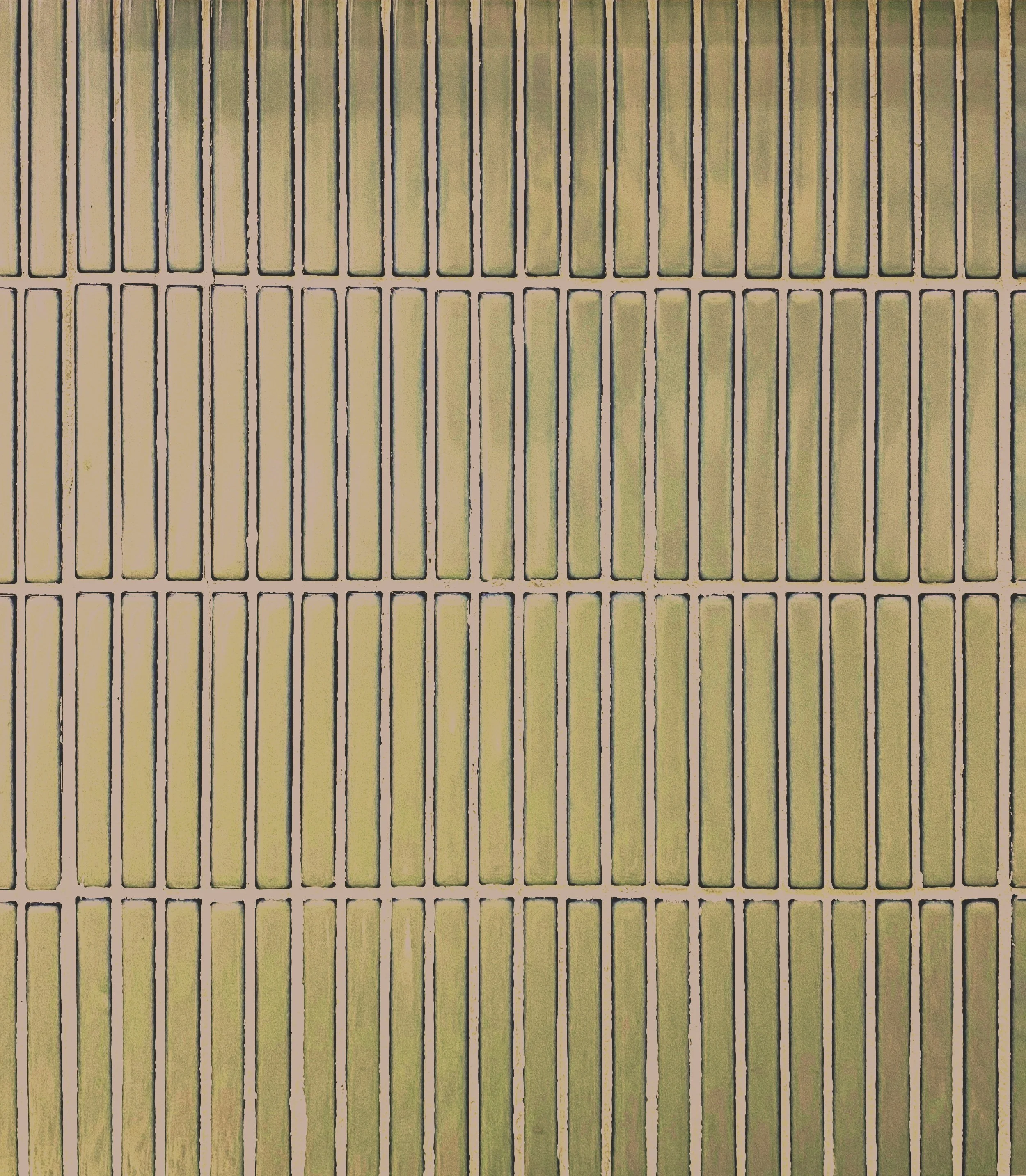 Close-up of a tiled wall with rectangular, vertically oriented tiles in shades of green and beige.