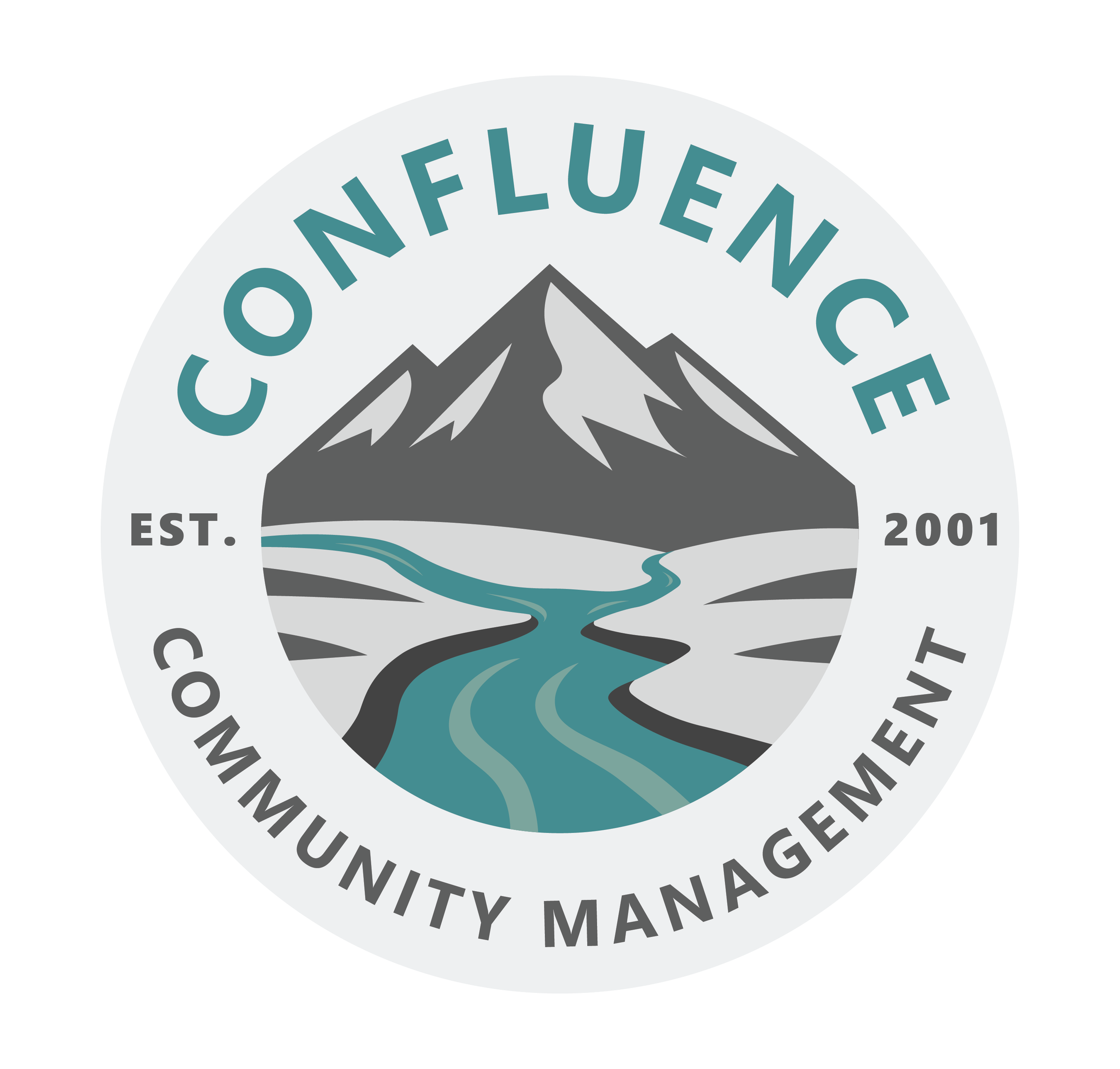 Logo featuring a mountain, a river, and a landscape with the text 'Confluence Community Management,' established in 2001.