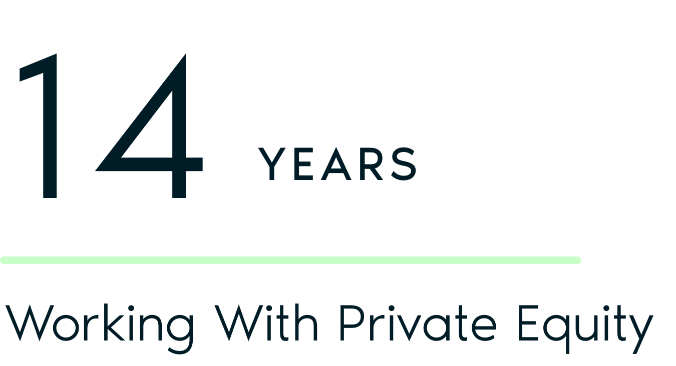 The image celebrates 14 years of experience in working with private equity, featuring a large number 14 and a horizontal progress bar.