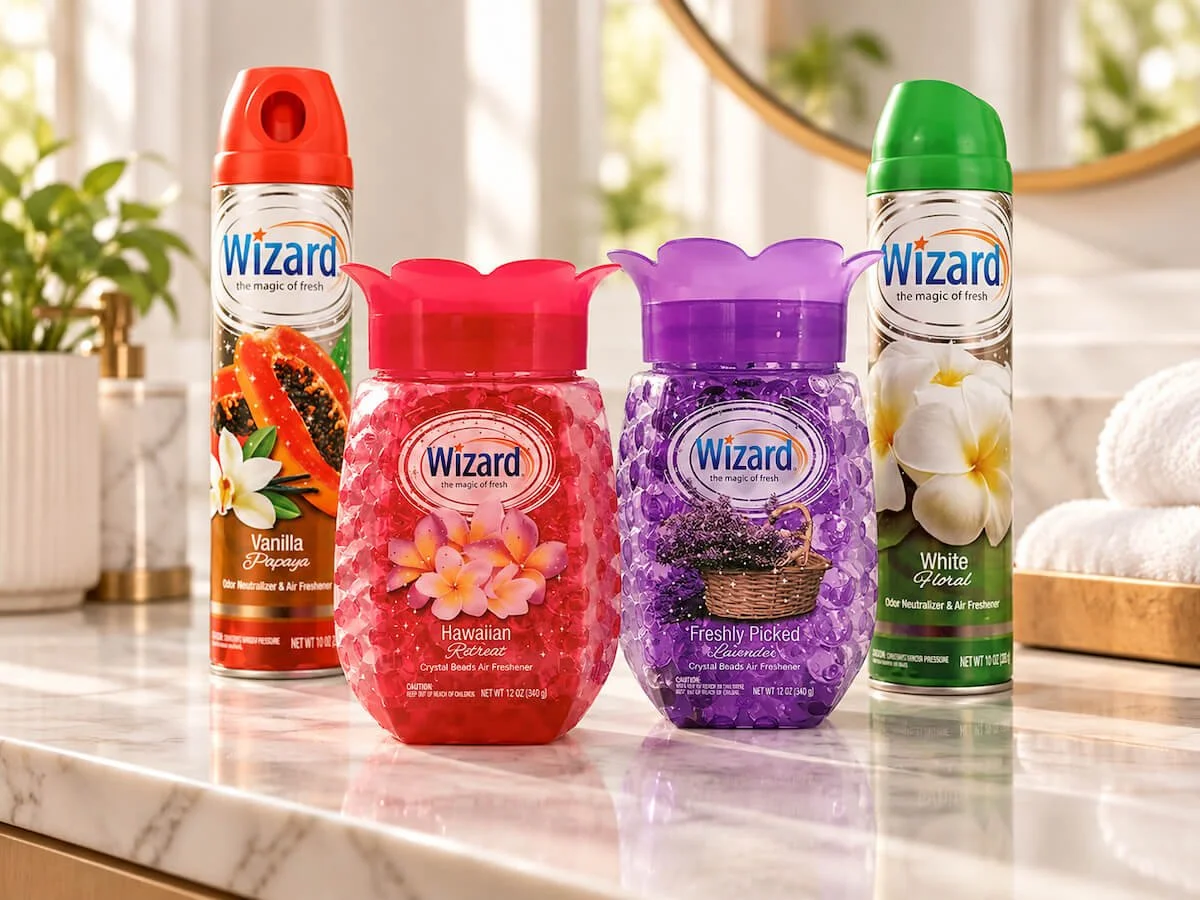 Four Wizard air fresheners on a bathroom countertop, with two in spray cans and two in decorative jars, featuring scents Vanilla Papaya, Hawaiian Retreat, Freshly Picked Lavender, and White Floral.