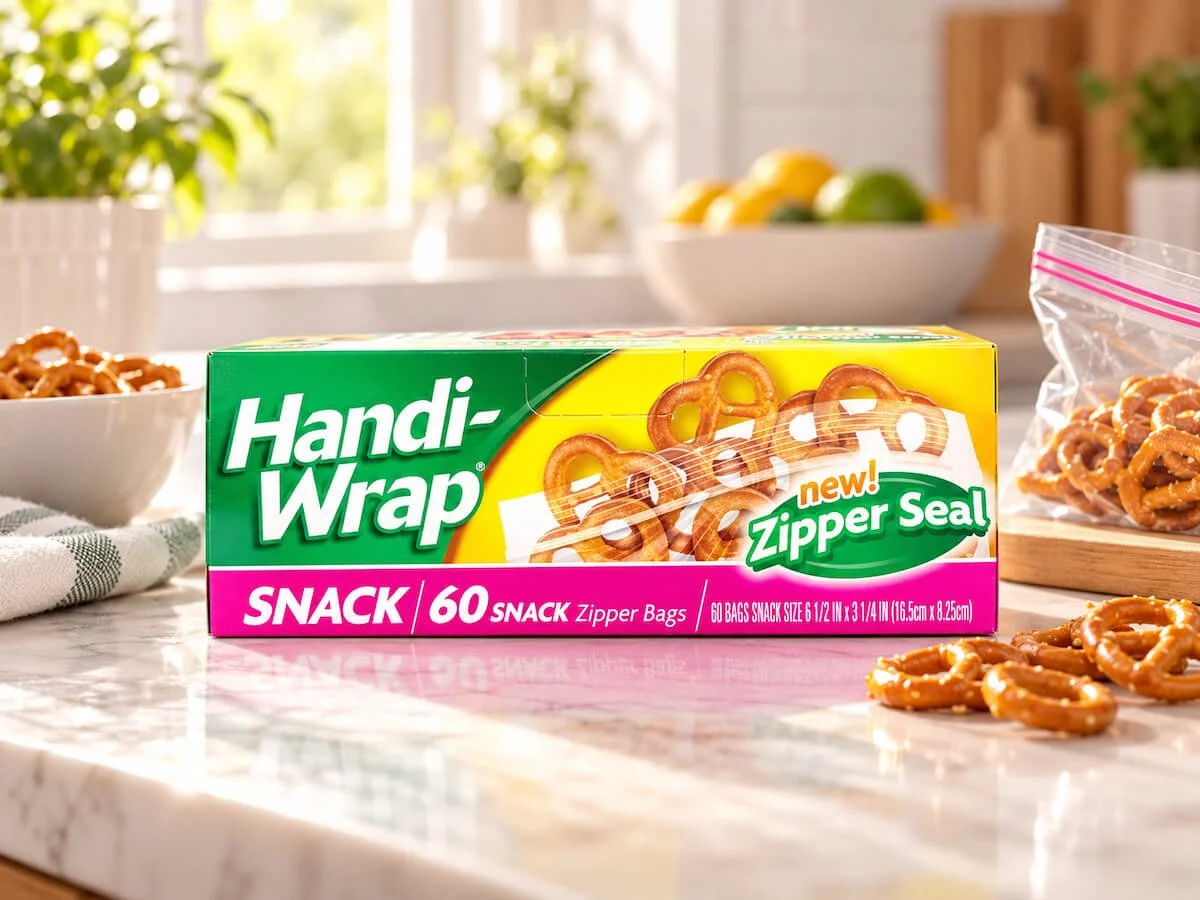 A box of Handi-Wrap snack-sized snack zipper bags on a kitchen countertop, with pretzels and a bowl of popcorn nearby.