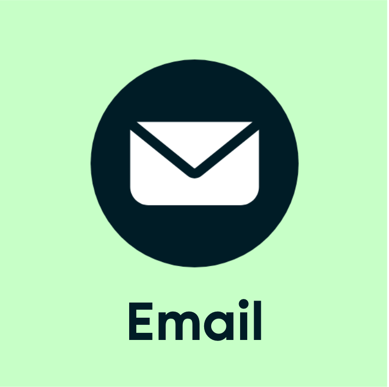 Icon of a white envelope inside a black circle, with the word 'Email' below, on a light green background.