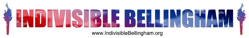 Logo for Indivisible Bellingham with a torch on each side of the text and website URL underneath