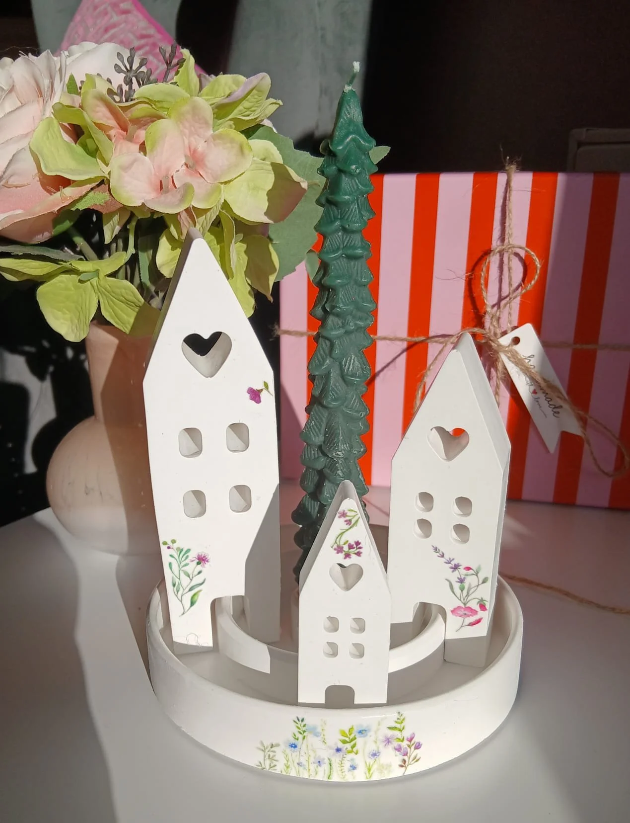 Decorative Village Candle Holder with Evergreen Tree Candle