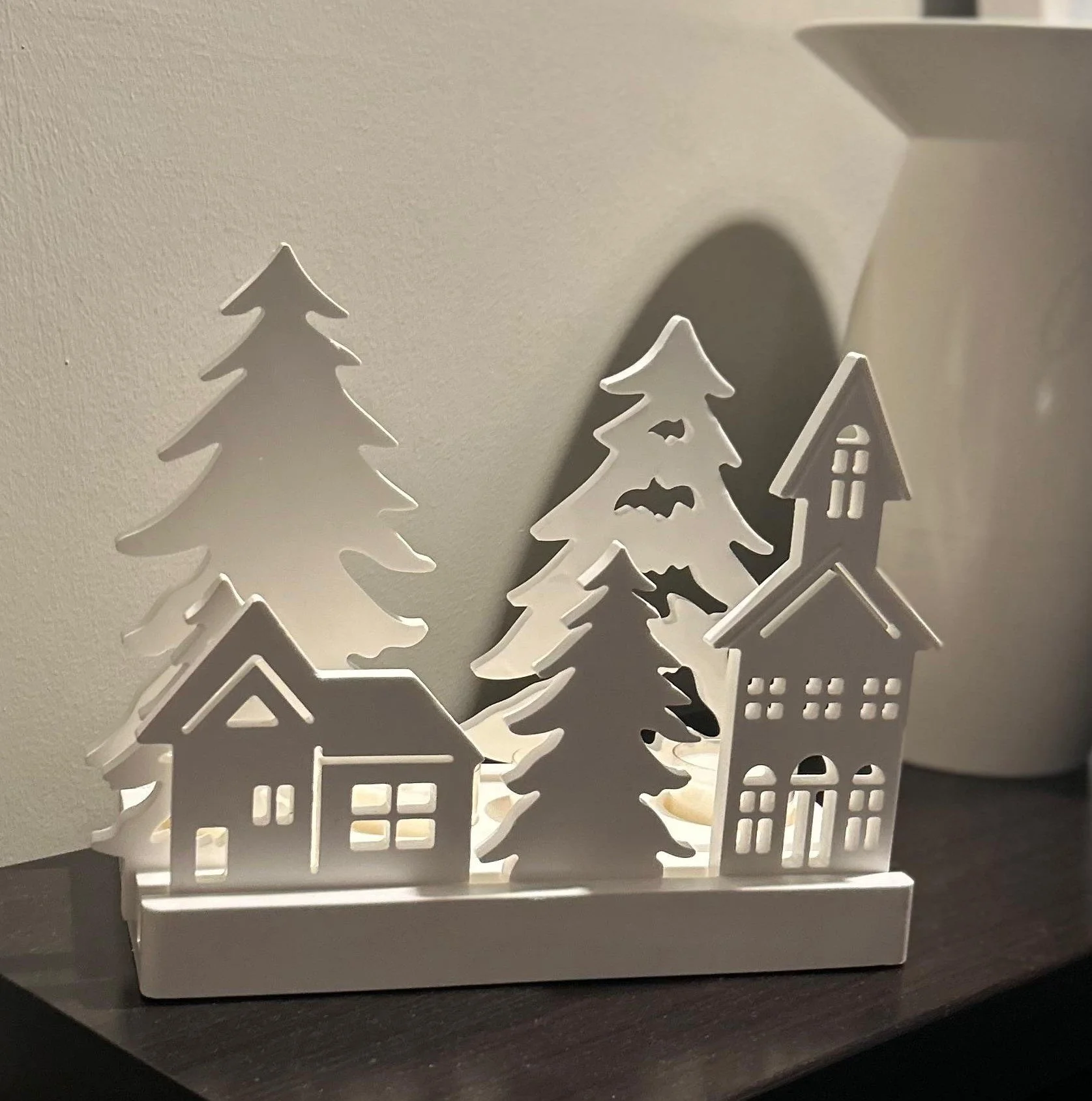 Handmade Eco-resin White decorative scene of houses and trees, tealight candle holder.