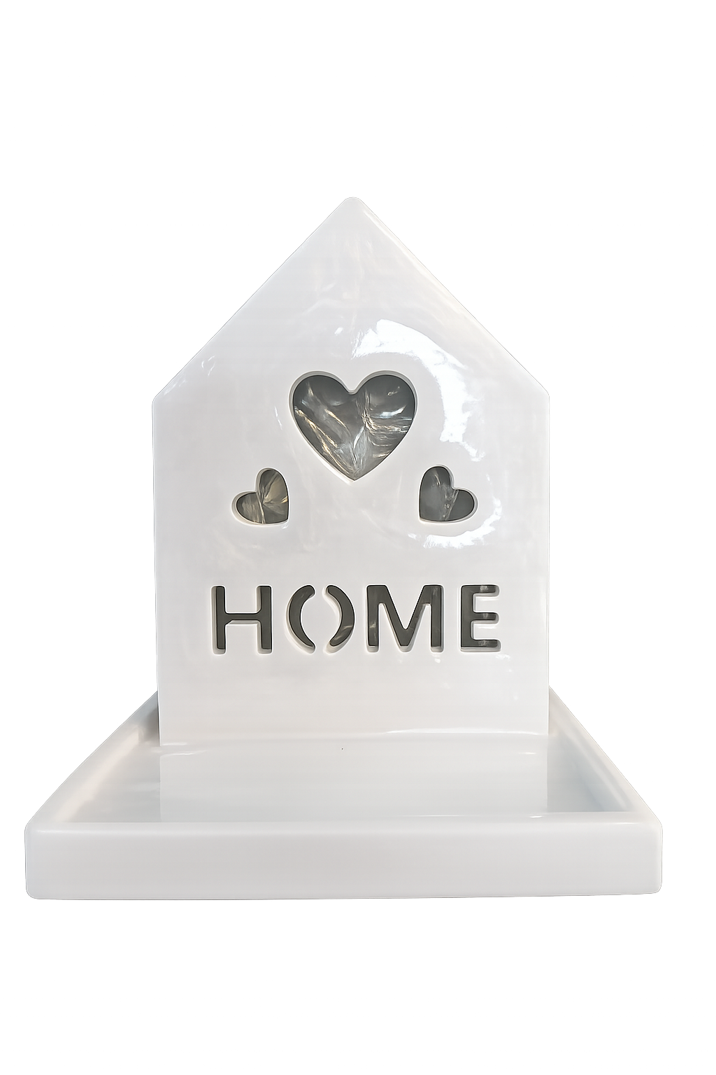 Handmade White house-shaped light-up decoration with heart-shaped cutouts and cutout of the word 'HOME'  below.