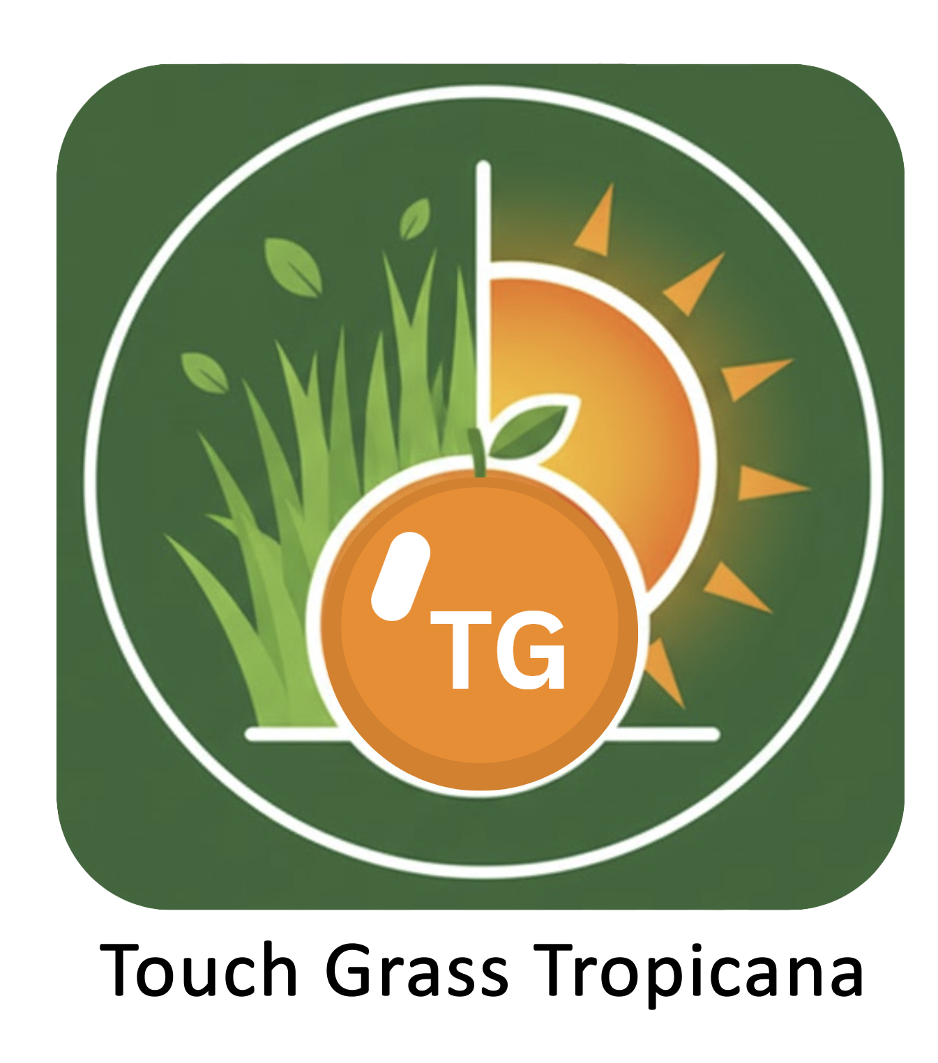 A logo featuring a circular design with a divided background showing green grass on the left and an orange sun on the right. In the center, there is an orange circle with the letters 'TG' and a white capsule shape.